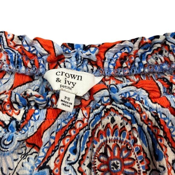 Crown & Ivy Orange and Blue Paisley Bell Sleeve Top, Size PS - Picture 6 of 9